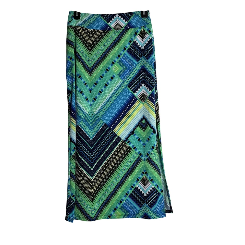 Passports Womens Geometric Print Maxi Skirt Size M‎ Green Blue Boho Slit